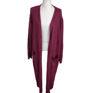 Ashley Stewart Sweater Women's 26/28 Burgundy Long Cardigan Open Front Pockets